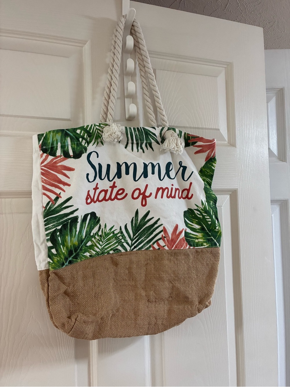 Summer State of Mind Tropical Canvas Tote Bag - White, Green, Brown